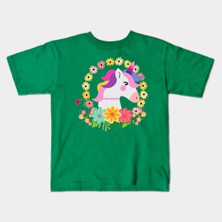 Unicorn with Flower Circle Kids T-Shirt